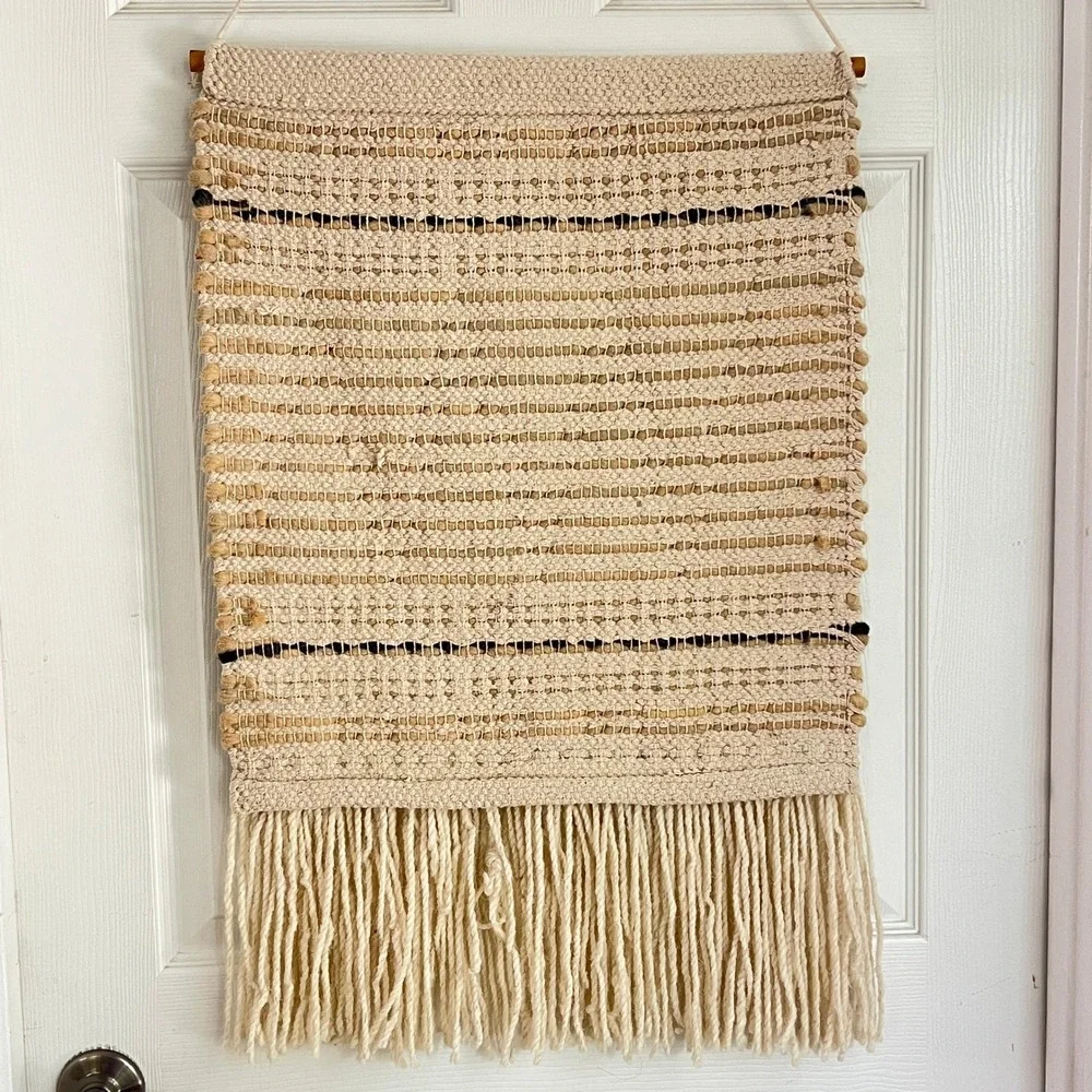 Retro Woven Wall Hanging‎ Home Decor Large Textured Fringe Cream Boho Tribal